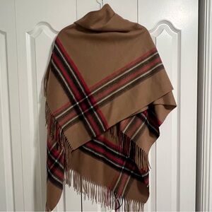 Cashmere Plaid Fringe Poncho Scarf Wrap in Camel with Red & Black Stripes